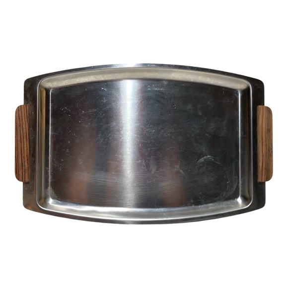 Vintage MCM Interpur Walnut Handled Stainless Bar Service Tray - Picture 2 of 5